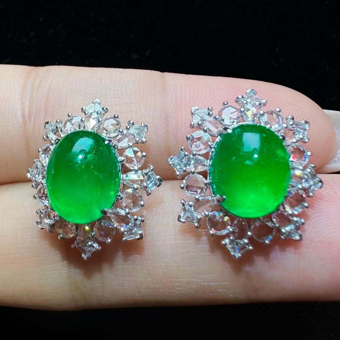 14k Gold 7.33 Ctw Vivid Green Natural Emerald & Diamond Earrings - 2
