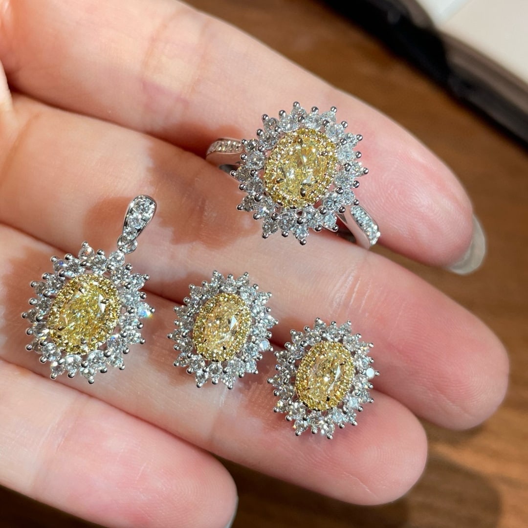 14k Gold 3.69 Ctw Natural Yellow Diamond & Diamond Jewelry Set: Ref:231064373 // gold content:14k gold // ring size:7. 25us // // pendant(without chain) // main gemstone:yellow diamond // shape:oval // carat weight:0. 50ct // color:yellow // treatment:natural // /