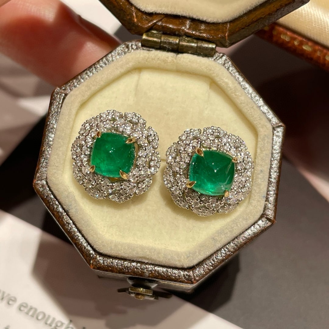14k Gold 1.70 Ct Vivid Green Natural Emerald & Diamond Earrings - 2
