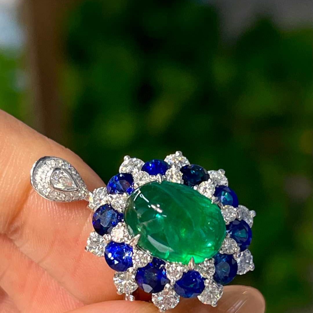 14k Gold 8.82 Ctw Vivid Green Natural Emerald & Sapphire Ring/pendant( Without Chain ) - 3