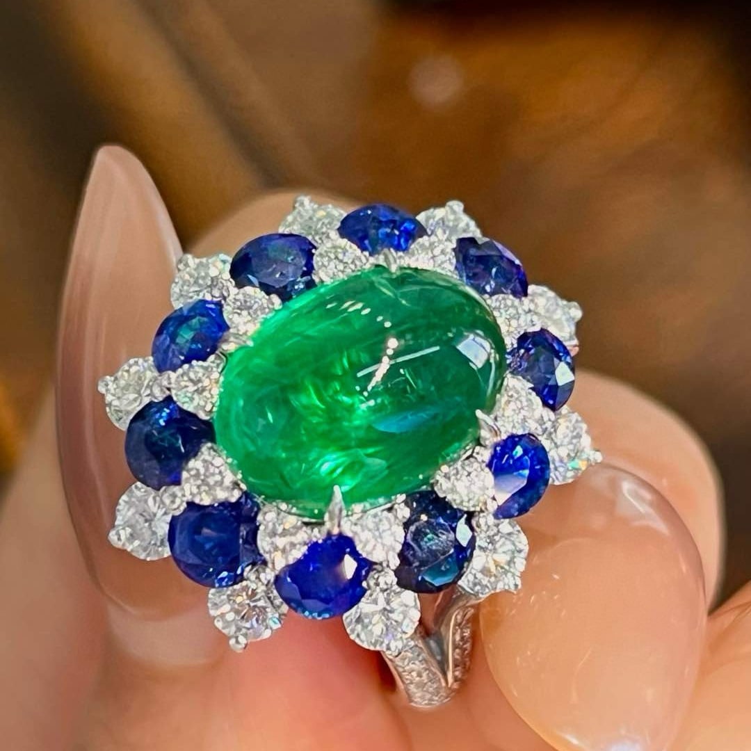 14k Gold 8.82 Ctw Vivid Green Natural Emerald & Sapphire Ring/pendant( Without Chain ) - 6