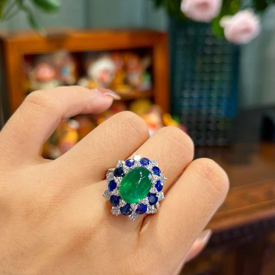 14k Gold 8.82 Ctw Vivid Green Natural Emerald & Sapphire Ring/pendant( Without Chain ) - 7