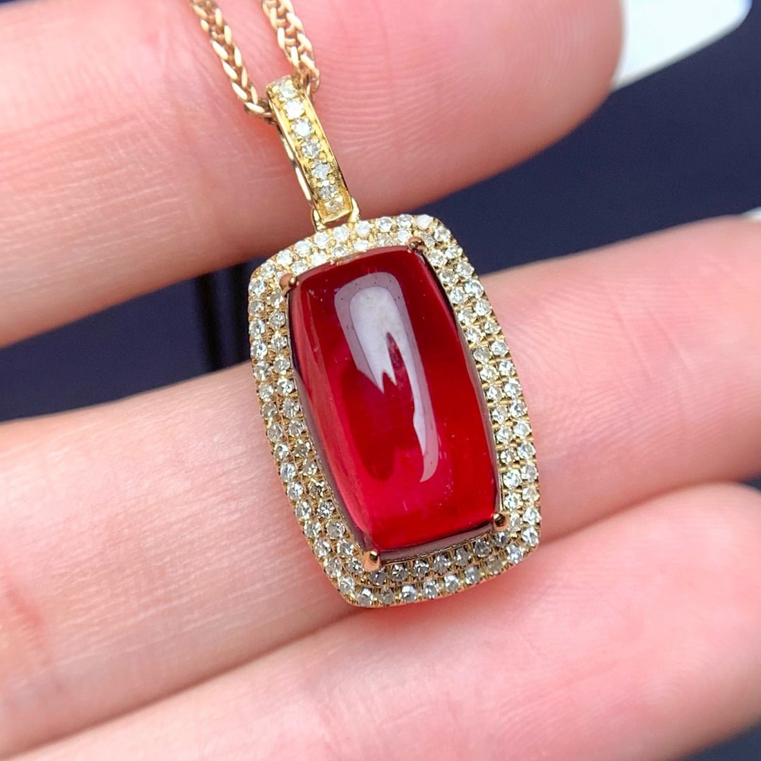 14k Gold 5.5 Ct Natural Tourmaline & Diamond Pendant( Without Chain ): Ref:231064403 // gold content:14k gold // main gemstone:tourmaline // shape:cushion // carat weight:5. 5ct // color:red // treatment:natural // // adjacent gemstone 2 : diamond // number of