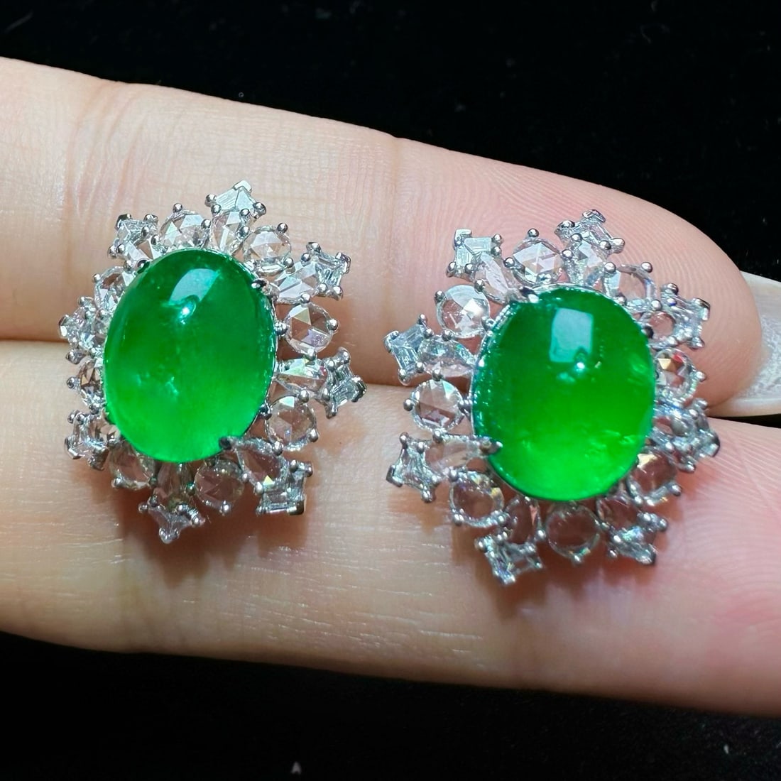 14k Gold 7.33 Ctw Vivid Green Natural Emerald & Diamond Earrings - 3
