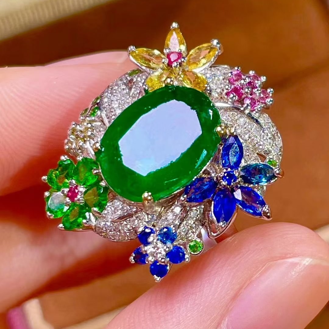 14k Gold 4.5 Ctw Vivid Green Natural Emerald & Sapphire & Tsavorite Ring - 2