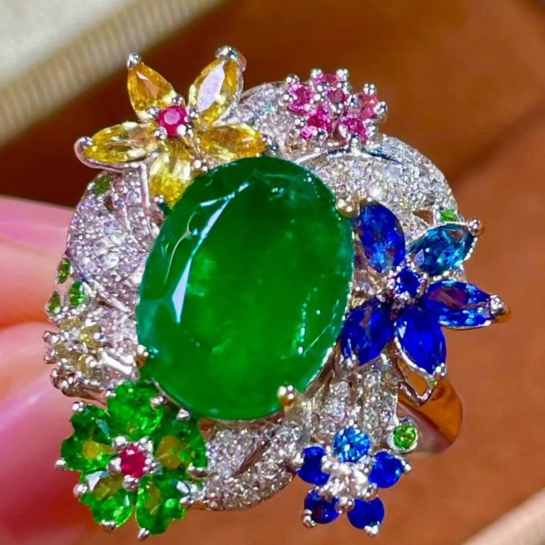 14k Gold 4.5 Ctw Vivid Green Natural Emerald & Sapphire & Tsavorite Ring - 5