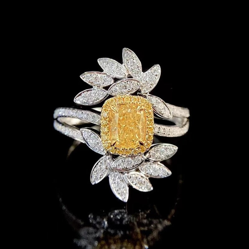 14k Gold 1.3 Ctw Natural Yellow Diamond & Diamond Ring: Ref:231065008 // gold content:14k gold // ring size:7. 25us // // main gemstone:yellow diamond // shape:cushion // carat weight:0. 8ct // color:yellow // treatment:natural // // adjacent gemstone 2 :