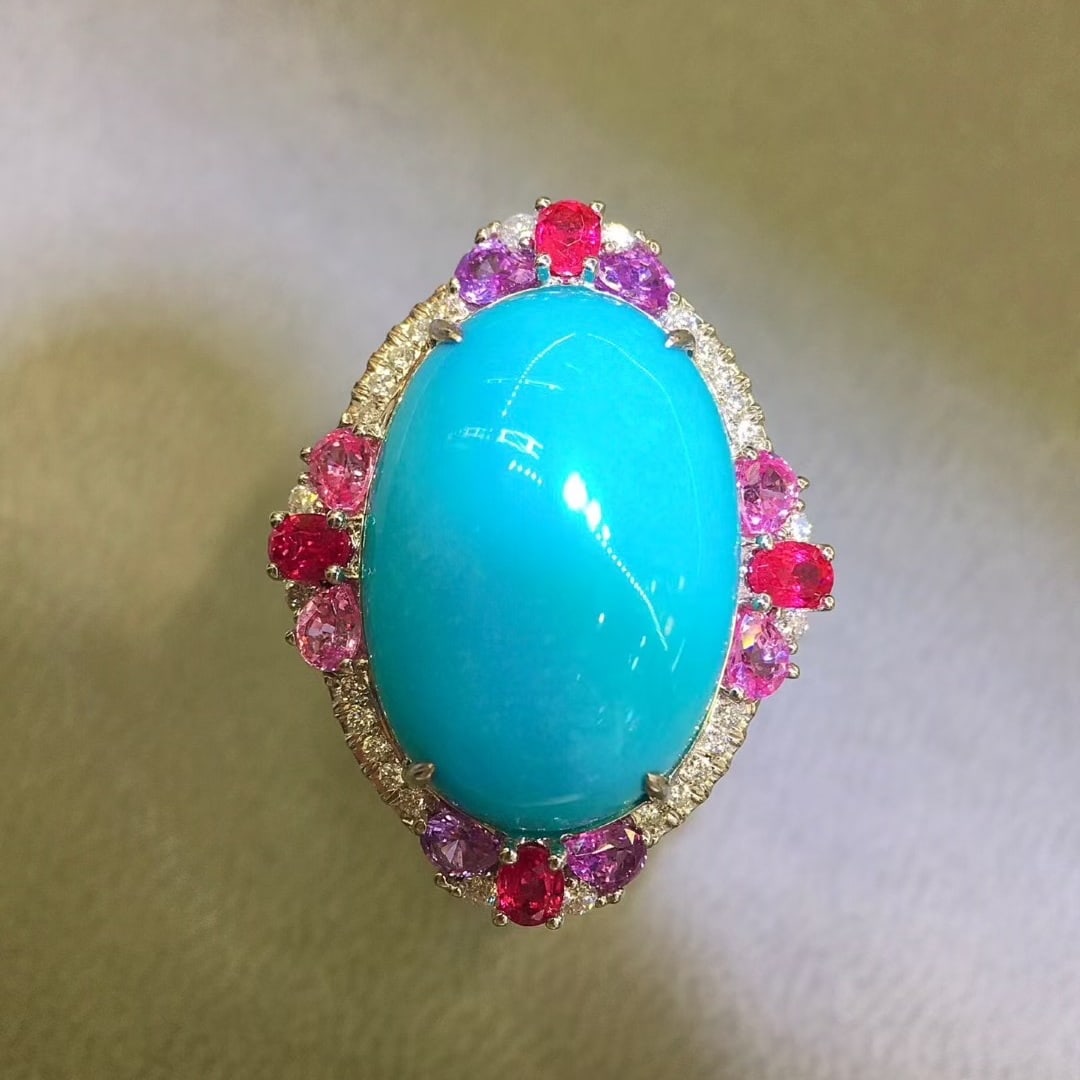 14k Gold 15.71 Ctw Natural Turquoise & Diamond Ring: Ref:231065014 // gold content:14k gold // ring size:7. 25us // // main gemstone:turquoise // shape:oval // carat weight:15. 4ct // color:blue // treatment:natural // // adjacent gemstone 2 : diamond