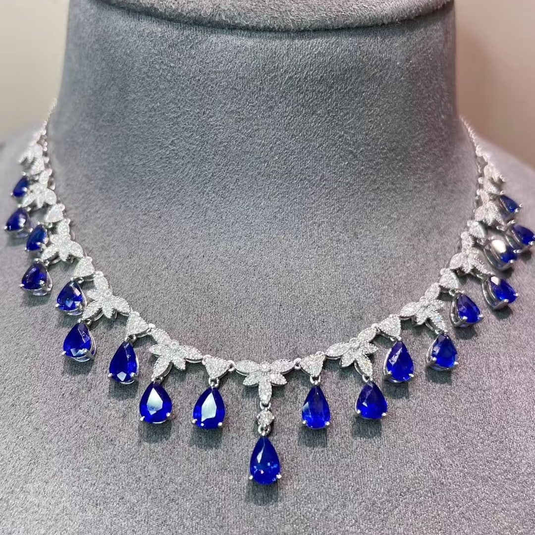 14k Gold 7 Ct Natural Sapphire & Diamond Necklace - 4