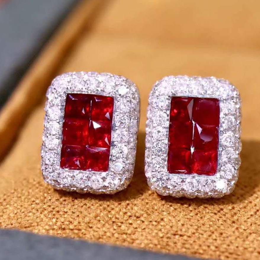 14k Gold 1.86 Ctw Natural Ruby & Diamond Earrings: Ref:231065033 // gold content:14k gold // main gemstone:ruby // shape:princess // carat weight:1. 20ct // color:red // treatment:natural // // adjacent gemstone 2 : diamond // shape:round // carat