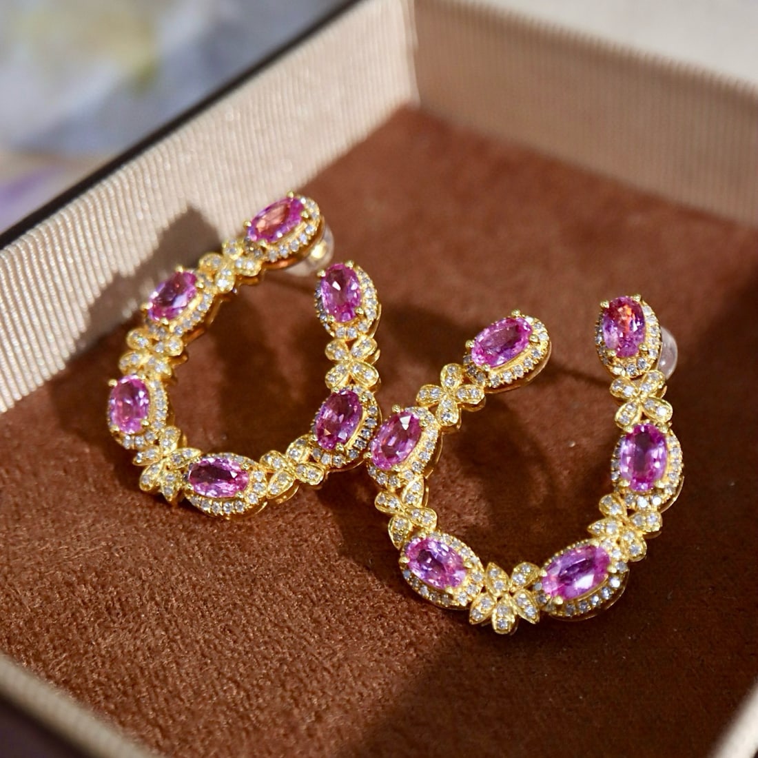 14k Gold 5.30 Ctw Natural Padparadscha Sapphire & Diamond Earrings - 2