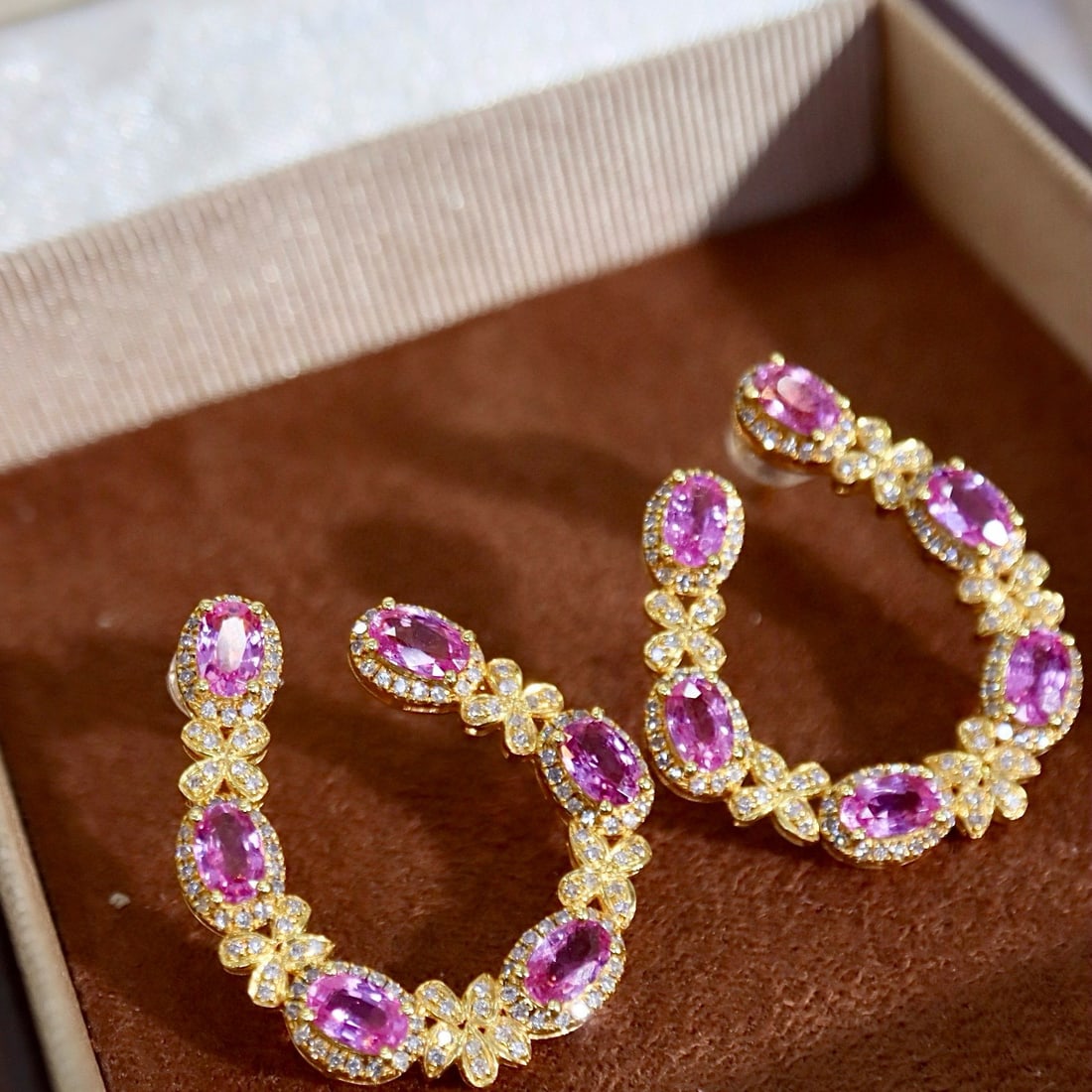 14k Gold 5.30 Ctw Natural Padparadscha Sapphire & Diamond Earrings - 3