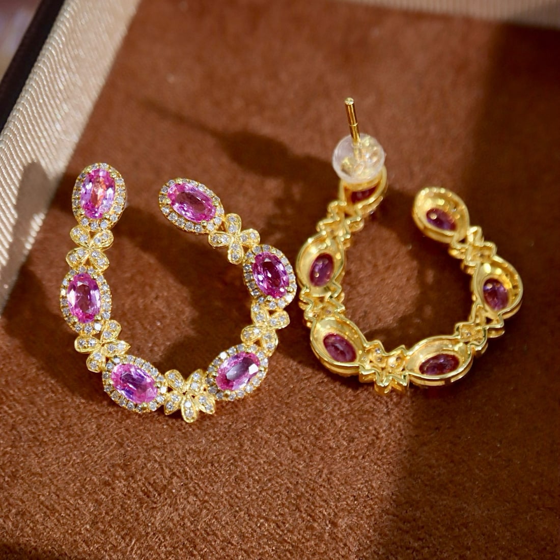 14k Gold 5.30 Ctw Natural Padparadscha Sapphire & Diamond Earrings - 4