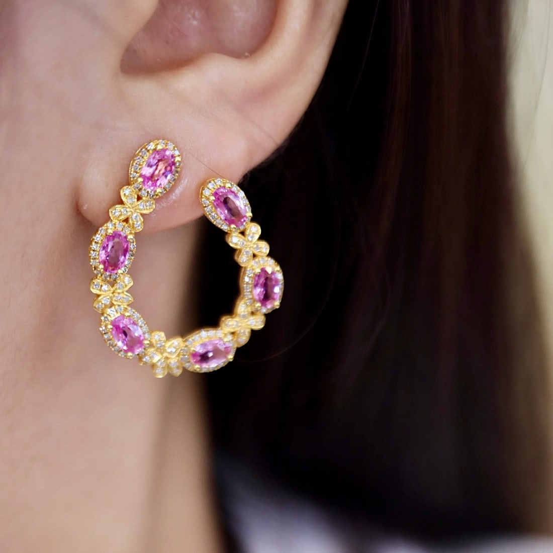 14k Gold 5.30 Ctw Natural Padparadscha Sapphire & Diamond Earrings - 5