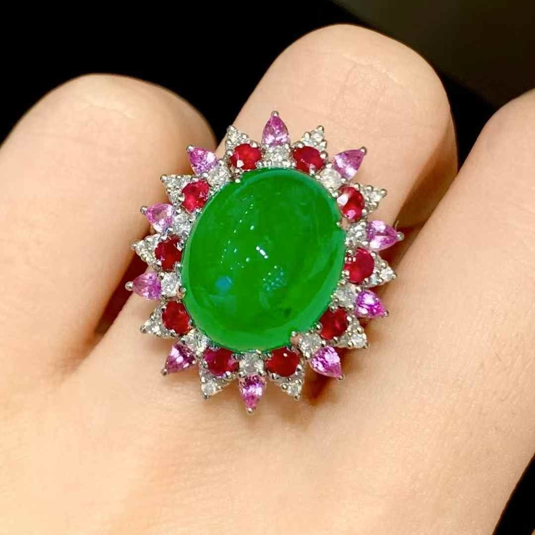 14k Gold 8.8 Ct Vivid Green Natural Emerald & Diamond Ring - 6