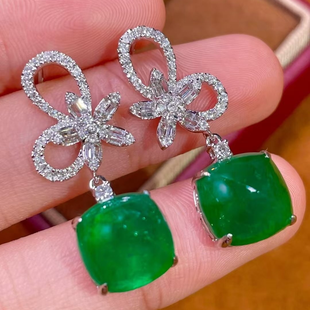 14k Gold 11.55 Ctw Vivid Green Natural Emerald & Diamond Earrings - 4
