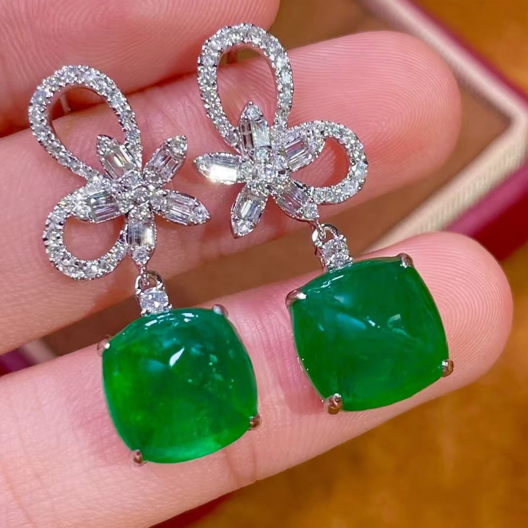 14k Gold 11.55 Ctw Vivid Green Natural Emerald & Diamond Earrings - 5