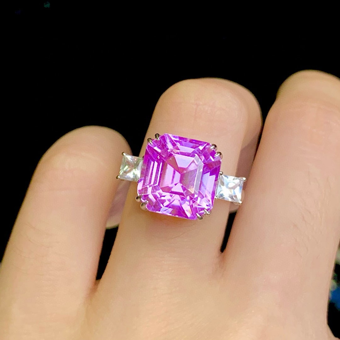 14k Gold 11.3 Ct Natural Kunzite & Sapphire Ring - 7