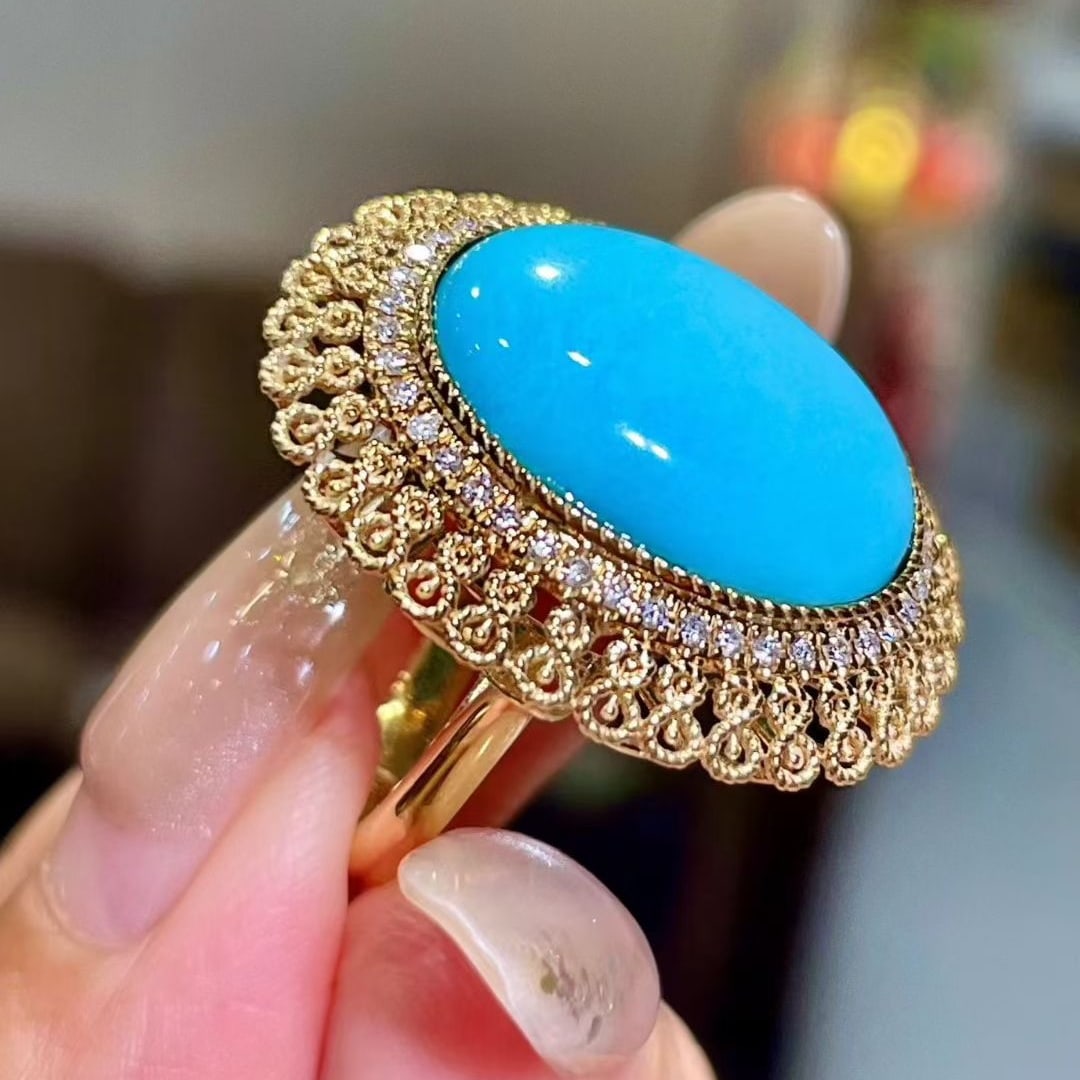14k Gold 9.04 Ctw Natural Turquoise & Diamond Ring - 2