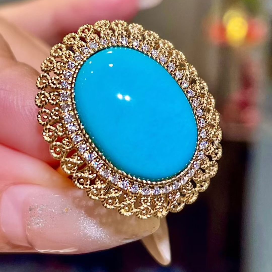 14k Gold 9.04 Ctw Natural Turquoise & Diamond Ring - 3