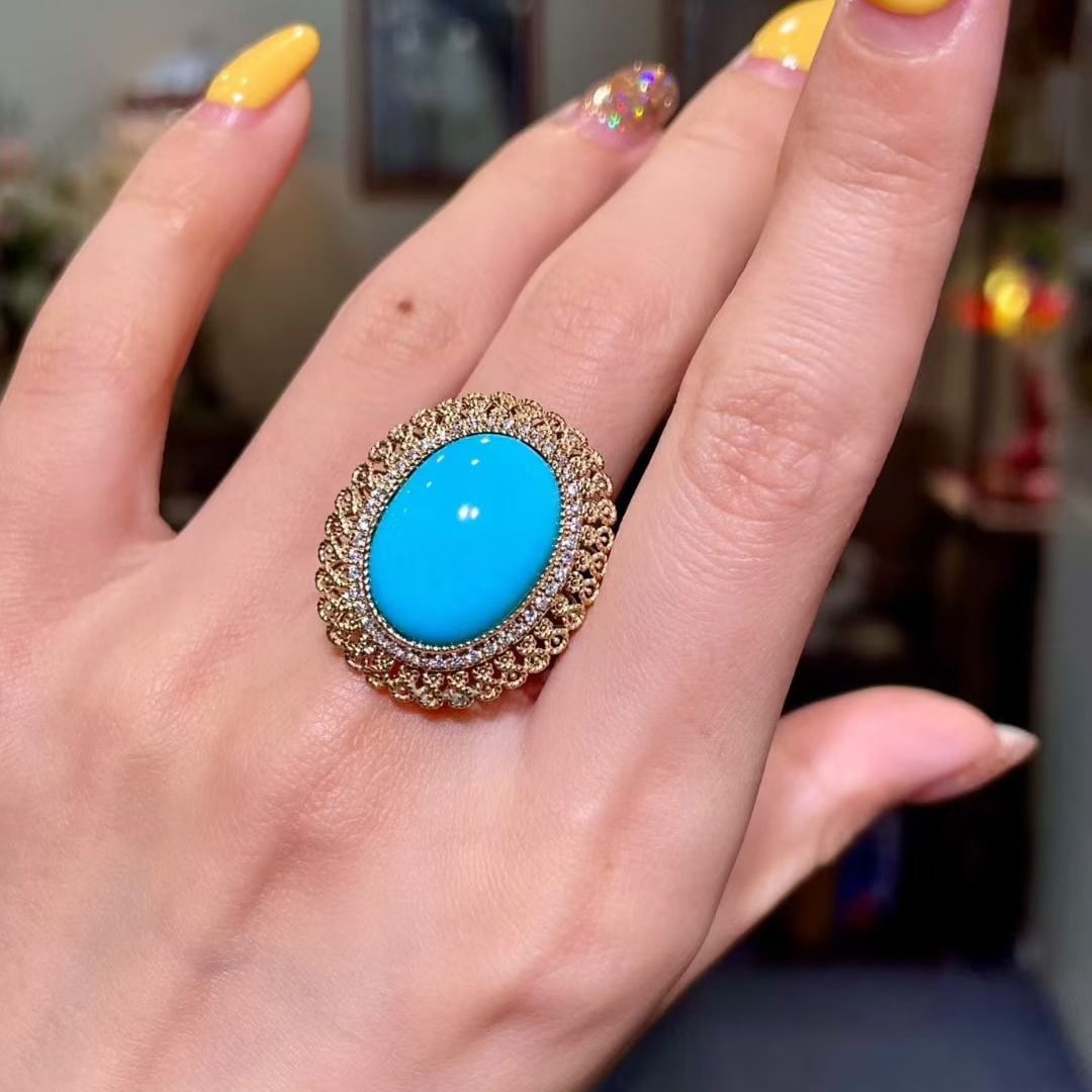 14k Gold 9.04 Ctw Natural Turquoise & Diamond Ring - 4