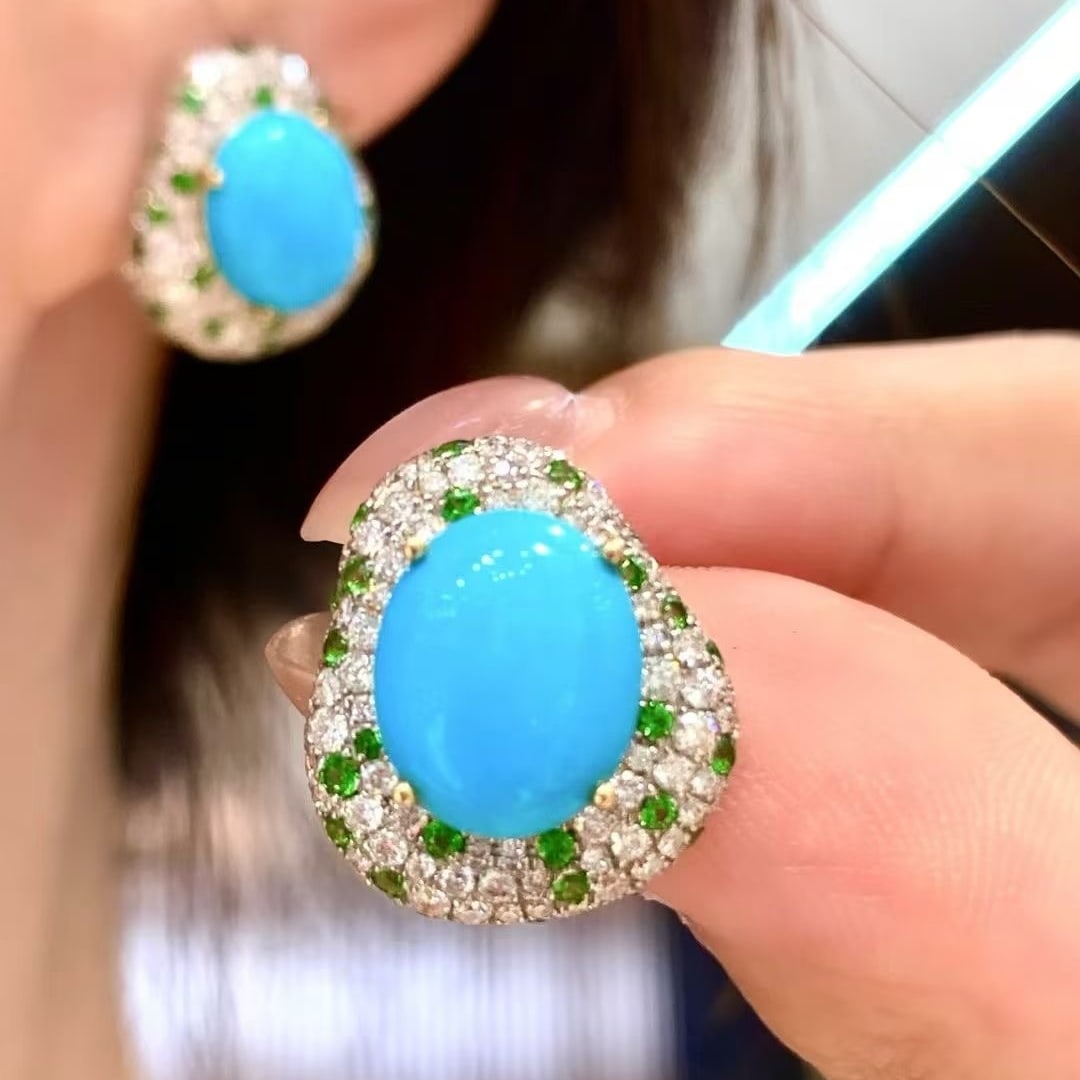14k Gold 11.93 Ctw Natural Turquoise & Diamond Earrings - 2