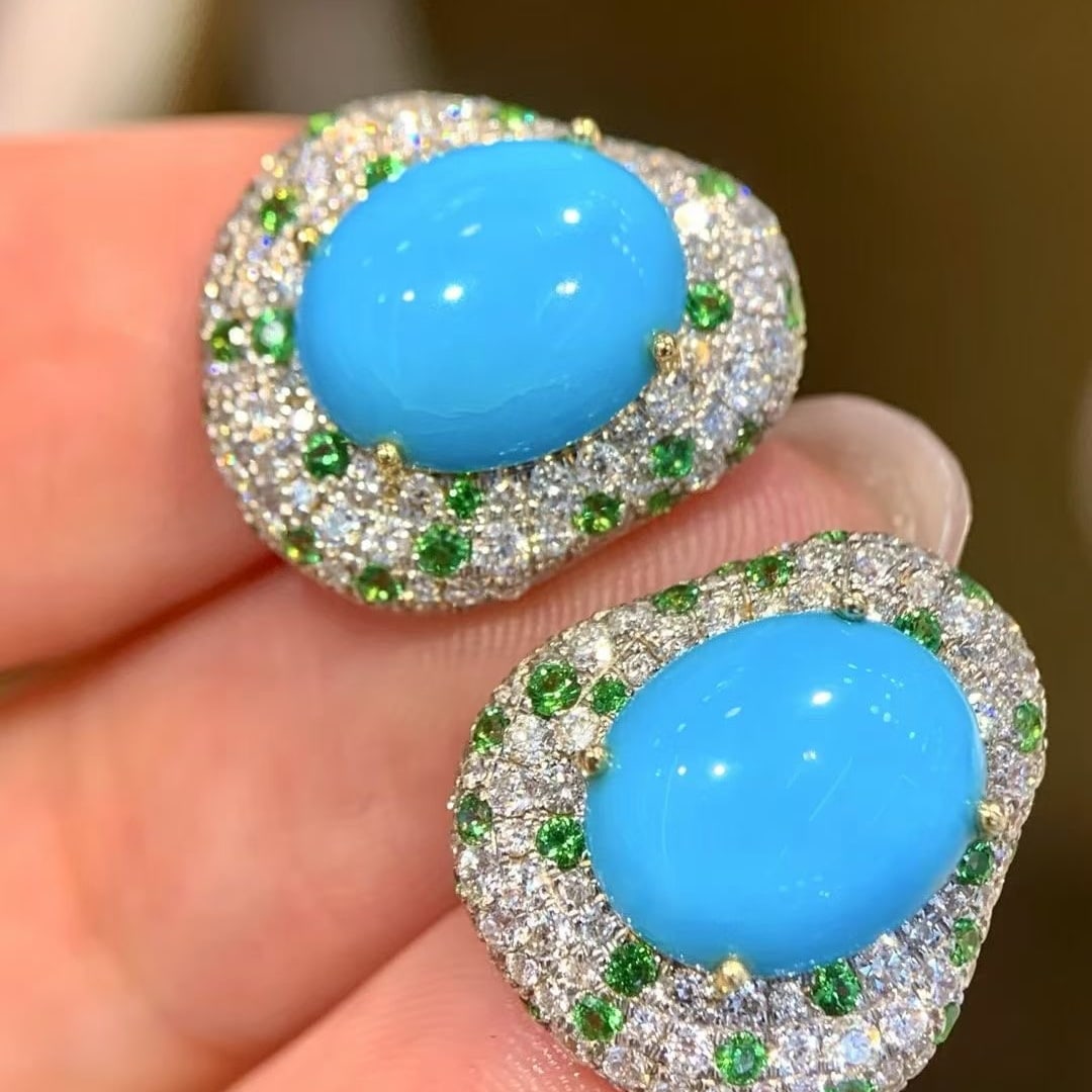 14k Gold 11.93 Ctw Natural Turquoise & Diamond Earrings - 3