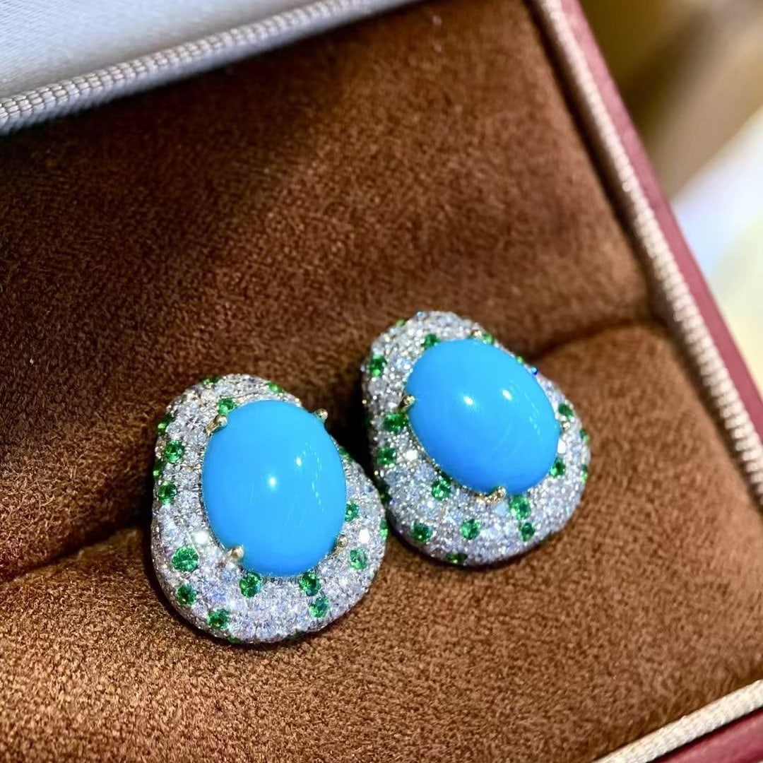 14k Gold 11.93 Ctw Natural Turquoise & Diamond Earrings - 4