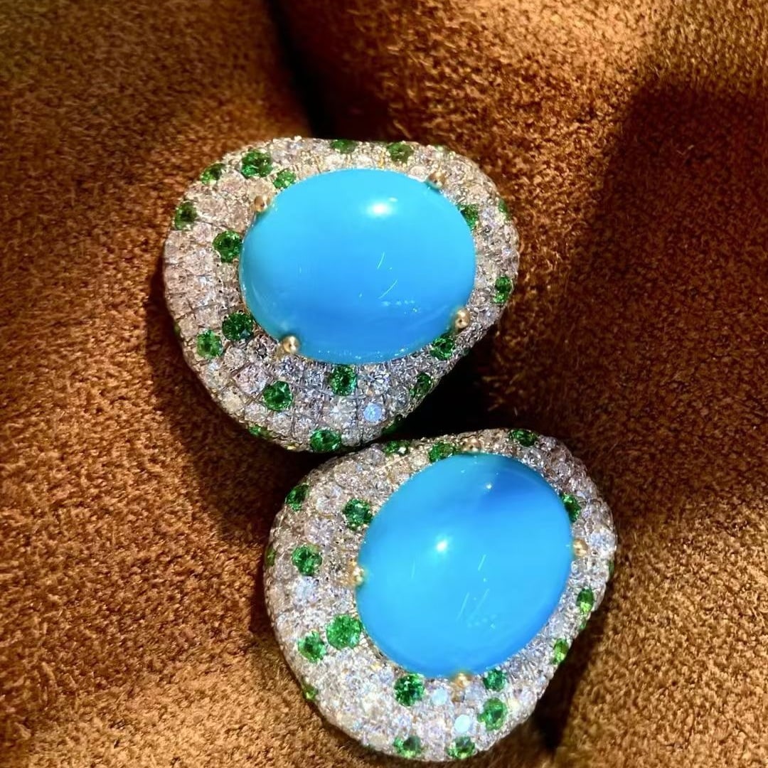 14k Gold 11.93 Ctw Natural Turquoise & Diamond Earrings - 5