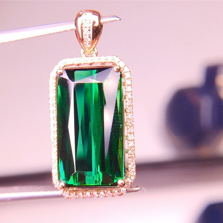 14k Gold 7.81 Ct Natural Tourmaline & Diamond Pendant( Without Chain ) - 6