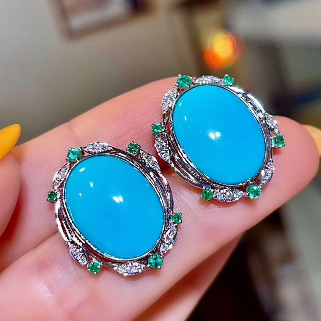 14k Gold 9.32 Ctw Natural Turquoise & Diamond Earrings - 2