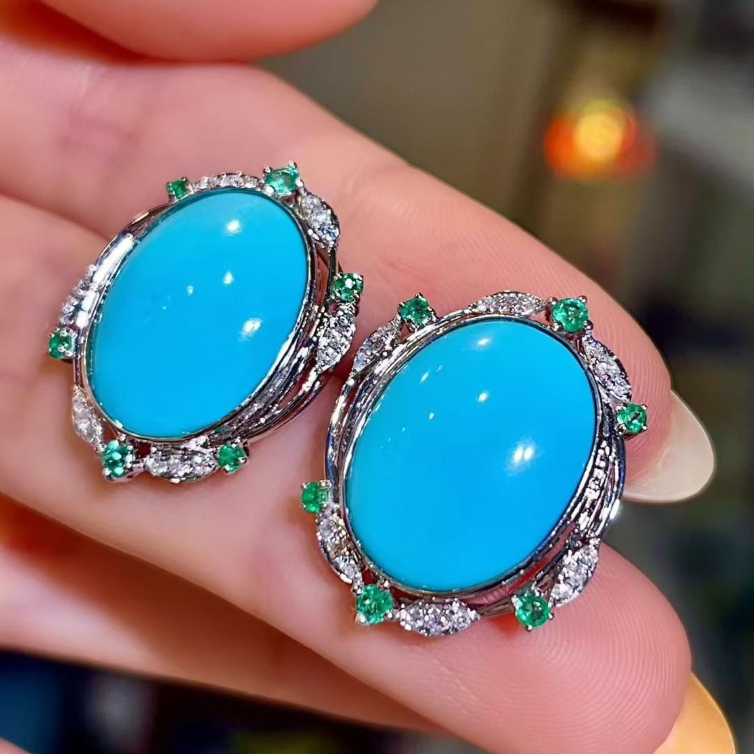 14k Gold 9.32 Ctw Natural Turquoise & Diamond Earrings - 3