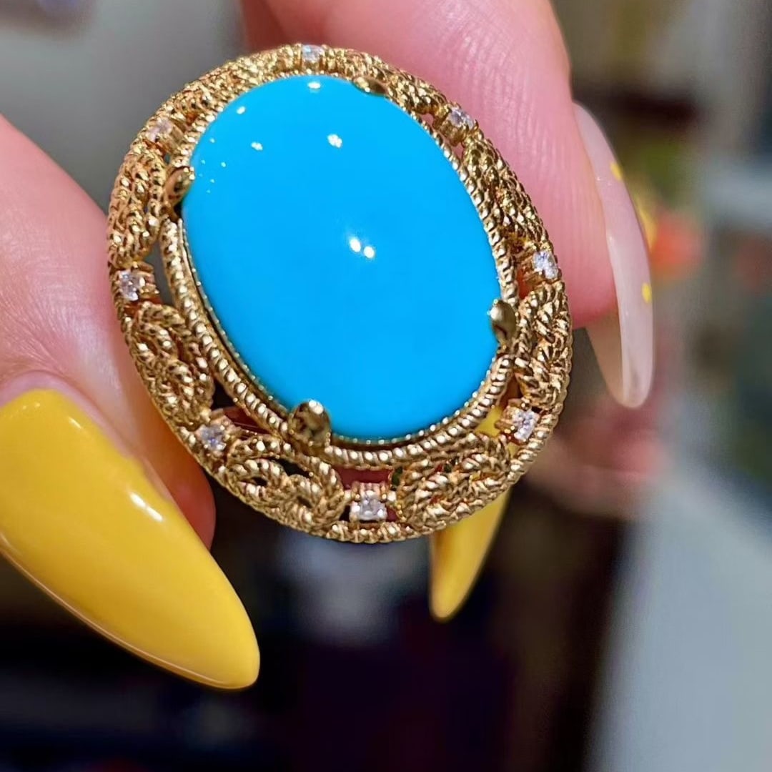 14k Gold 8.22 Ctw Natural Turquoise & Diamond Ring - 2