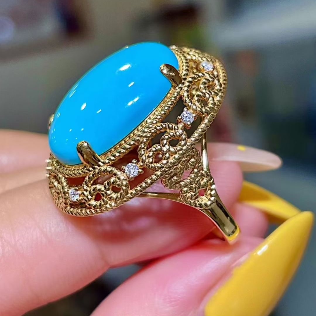 14k Gold 8.22 Ctw Natural Turquoise & Diamond Ring - 3