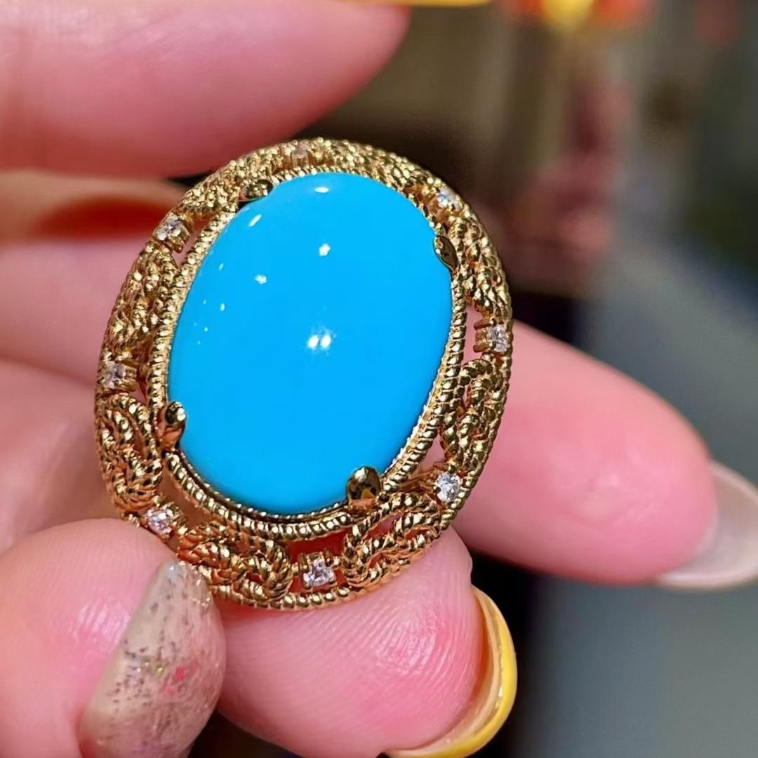 14k Gold 8.22 Ctw Natural Turquoise & Diamond Ring - 4