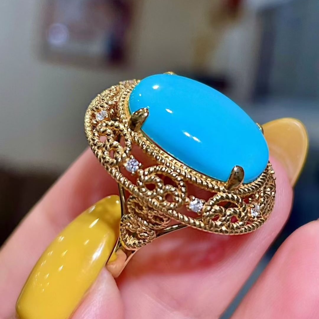 14k Gold 8.22 Ctw Natural Turquoise & Diamond Ring - 5