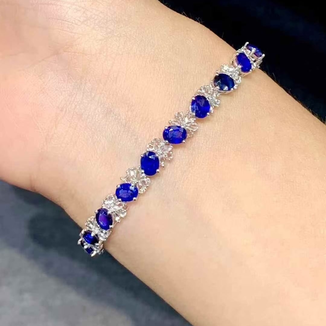 14k Gold 9.2 Ct Natural Sapphire & Diamond Bracelet - 4