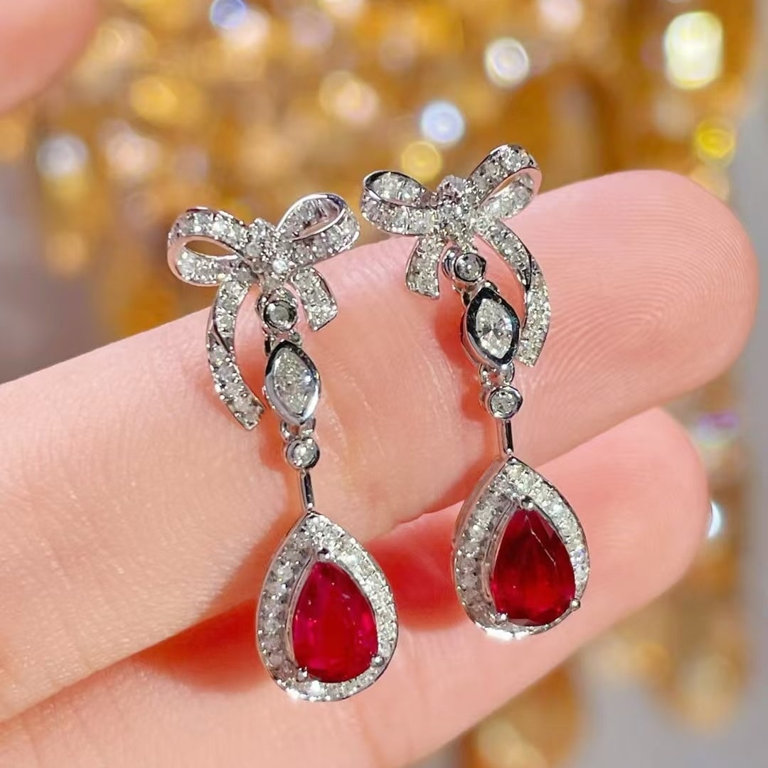 14k Gold 1.08 Ct Natural Ruby & Diamond Earrings - 2