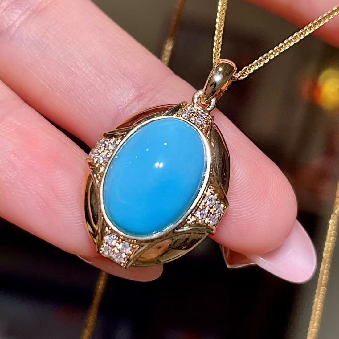 14k Gold 4.84 Ctw Natural Turquoise & Diamond Pendant( Without Chain ) - 2