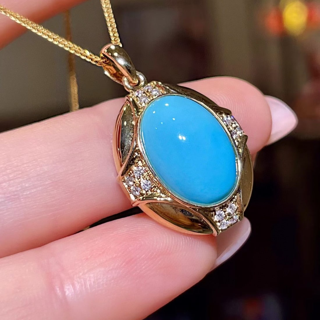 14k Gold 4.84 Ctw Natural Turquoise & Diamond Pendant( Without Chain ) - 3