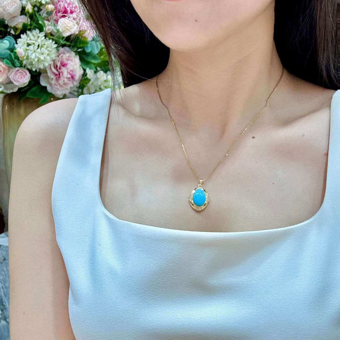 14k Gold 4.84 Ctw Natural Turquoise & Diamond Pendant( Without Chain ) - 4