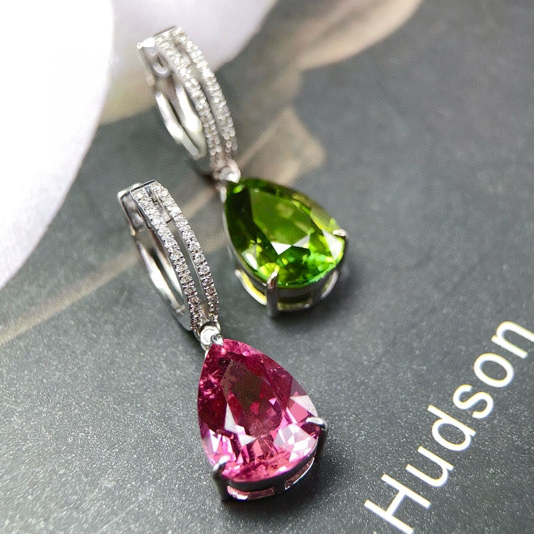 14k Gold 9.79 Ctw Natural Tourmaline & Diamond & Toi Et Moi Earrings - 2