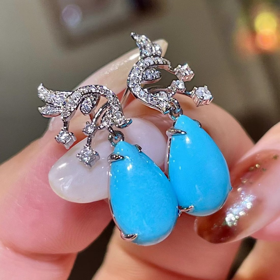 14k Gold 5.69 Ctw Natural Turquoise & Diamond Earrings - 2