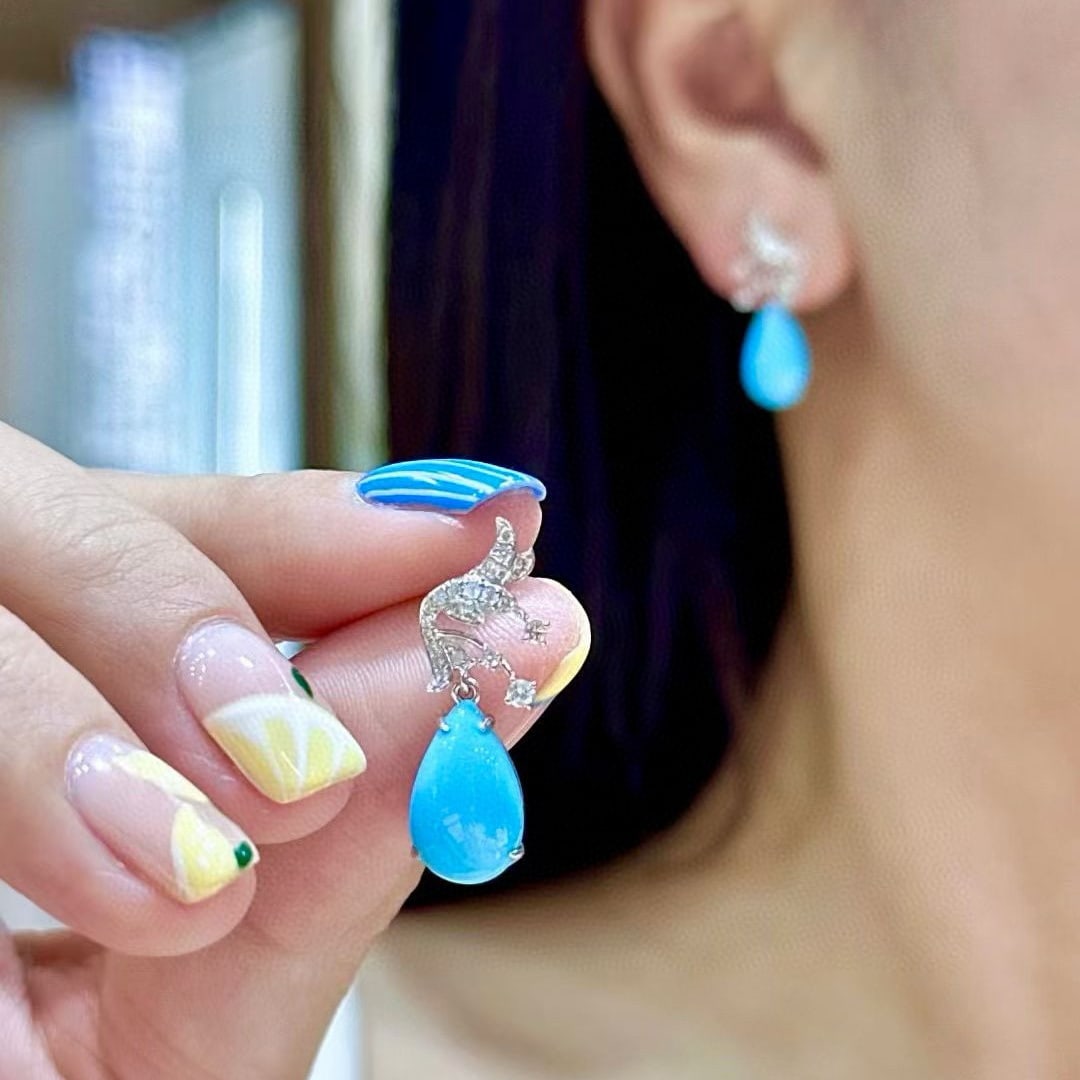 14k Gold 5.69 Ctw Natural Turquoise & Diamond Earrings - 4