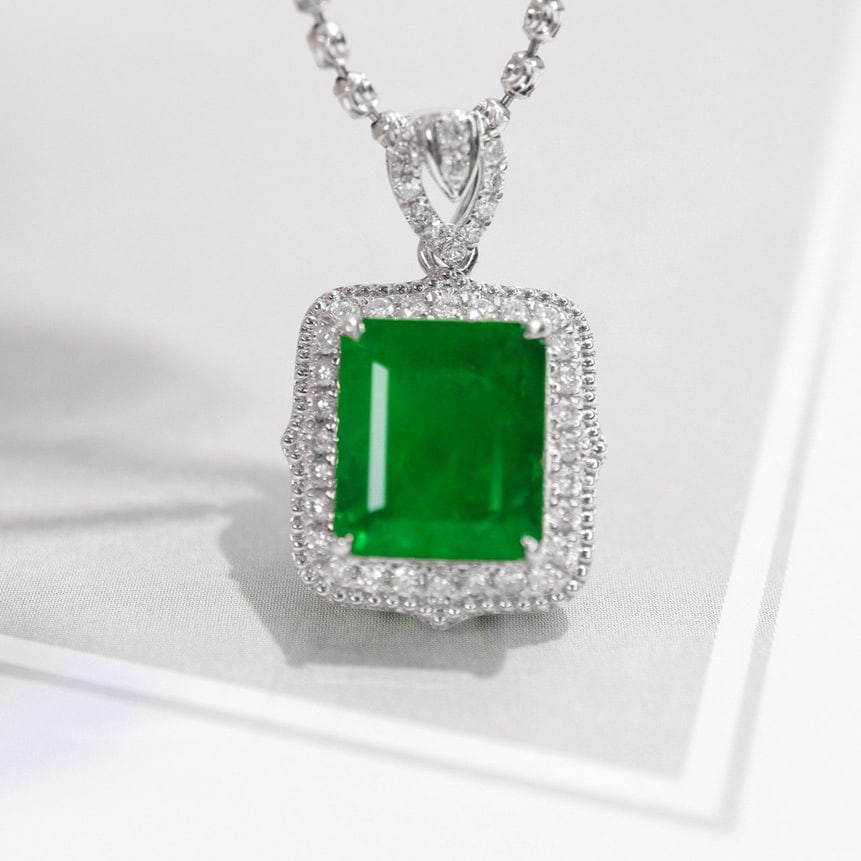 14k Gold 3.48 Ctw Vivid Green Natural Emerald & Diamond Pendant( Without Chain ) - 4