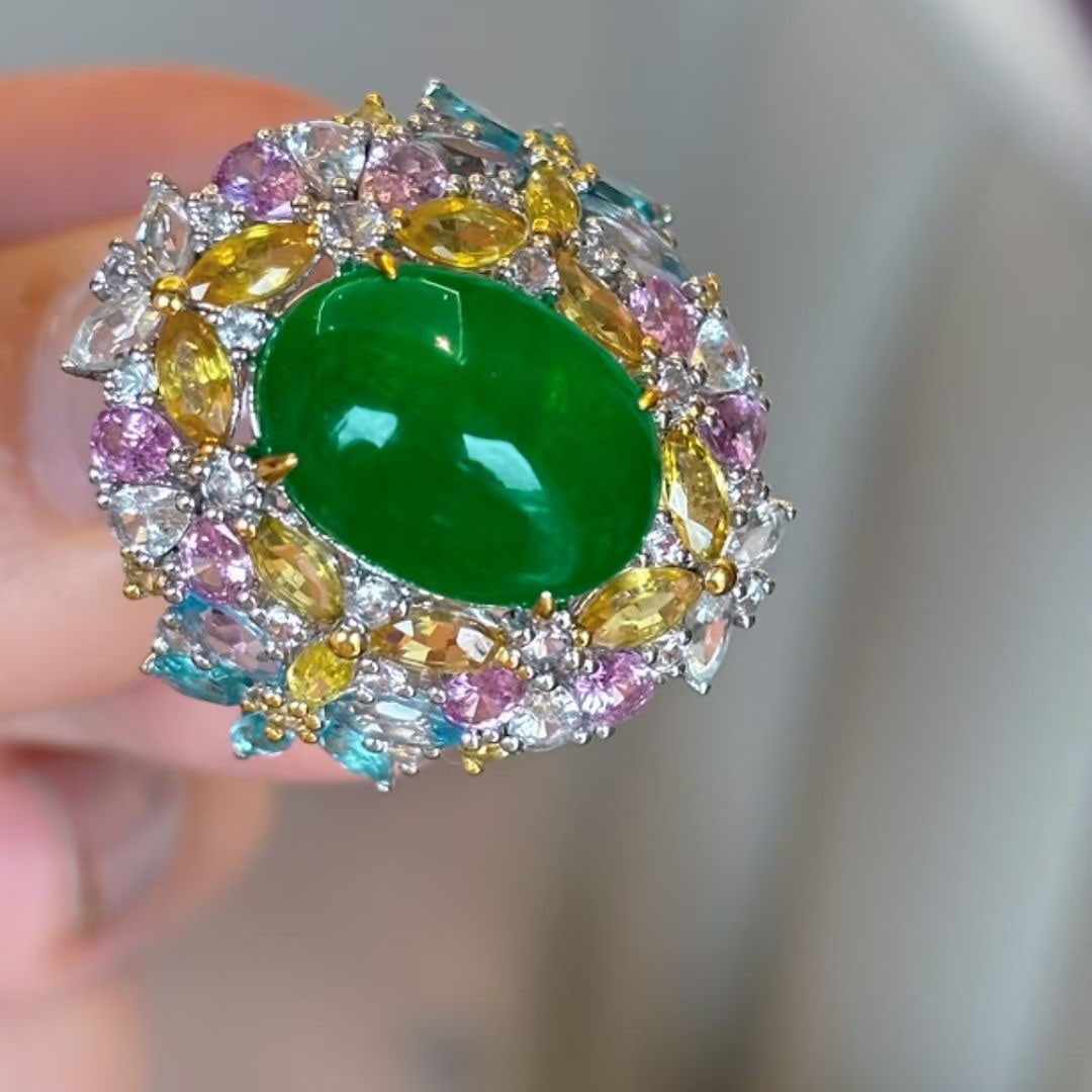 14k Gold 6.5 Ct Vivid Green Natural Emerald & Diamond Ring - 3