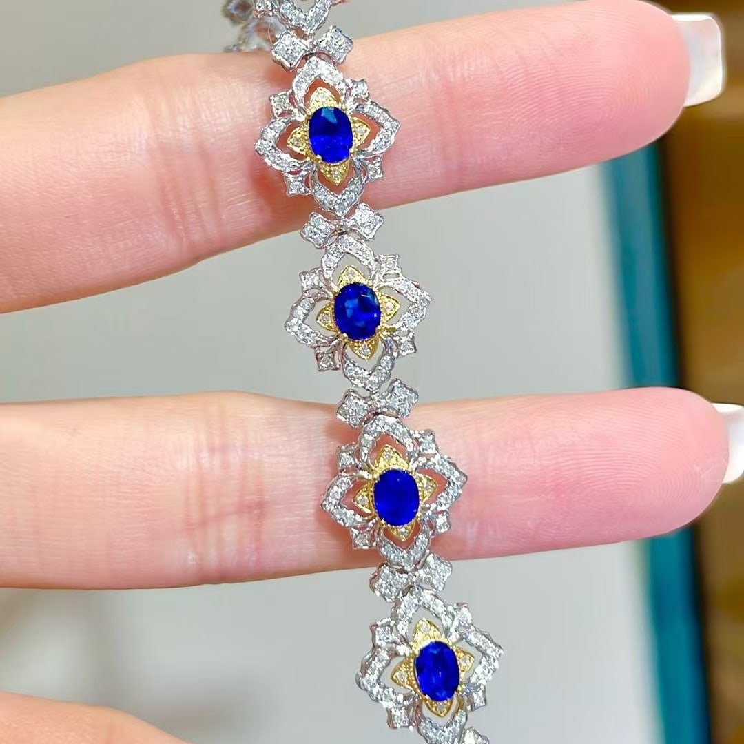 14k Gold 4.35 Ct Natural Sapphire & Diamond Bracelet - 2