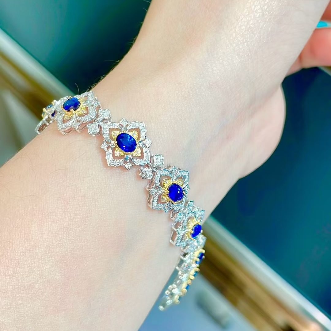 14k Gold 4.35 Ct Natural Sapphire & Diamond Bracelet - 3