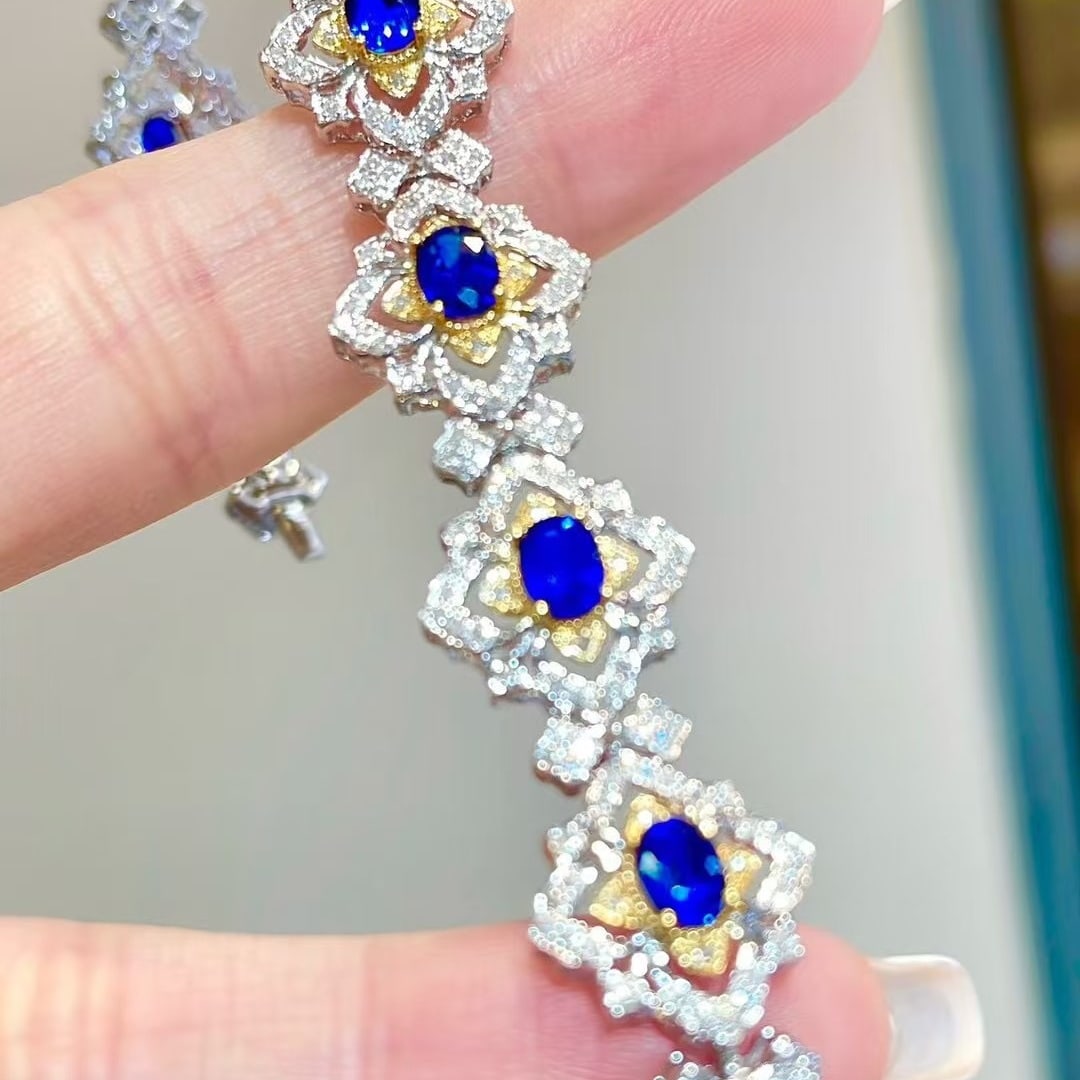 14k Gold 4.35 Ct Natural Sapphire & Diamond Bracelet - 5