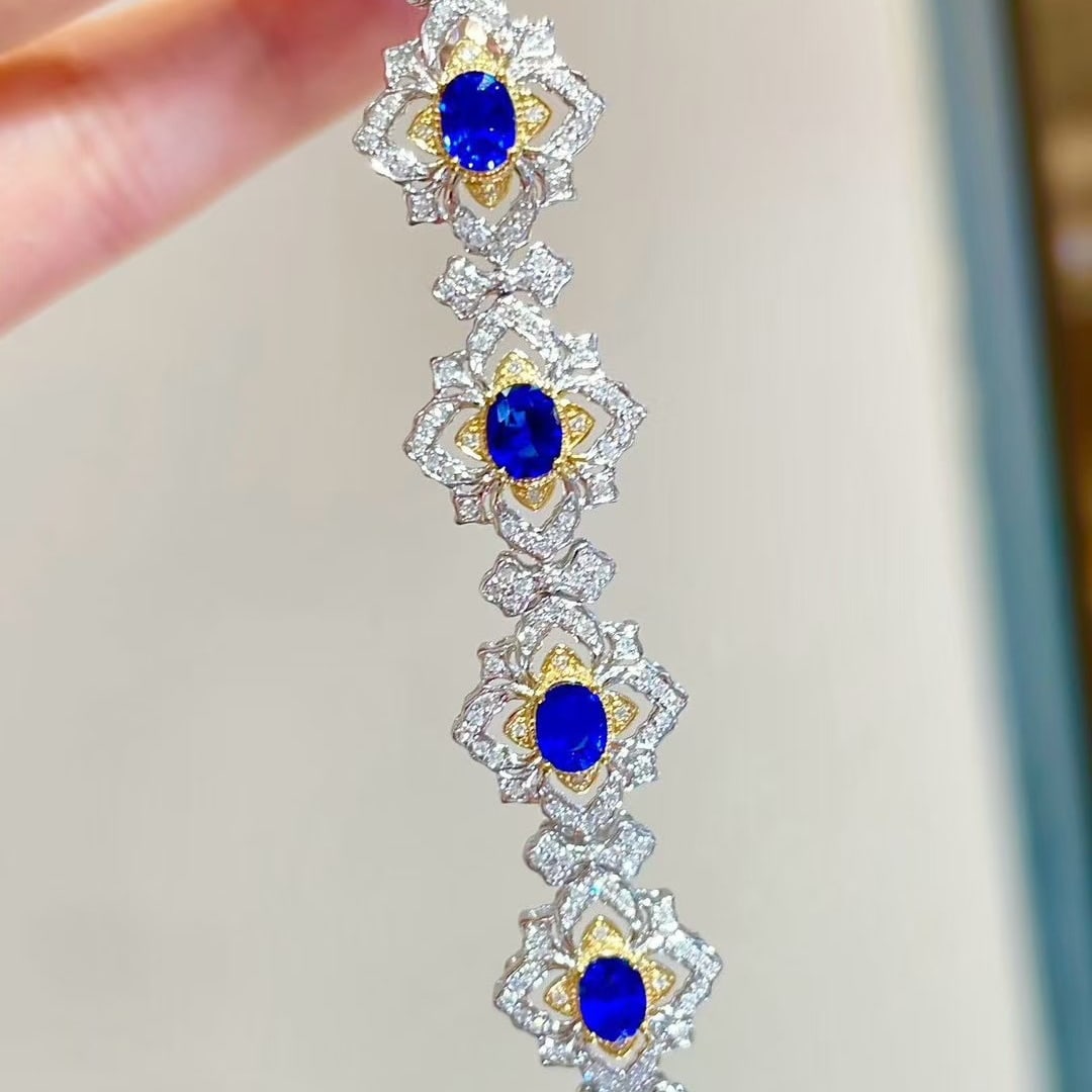 14k Gold 4.35 Ct Natural Sapphire & Diamond Bracelet - 6